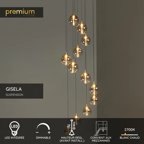 Lucide GISELA - Suspension - Ø 61 cm - LED Dim. - 12x3,5W 2700K - Convient aux mezzanines et plafonds hauts - Ambre | Premium - USP